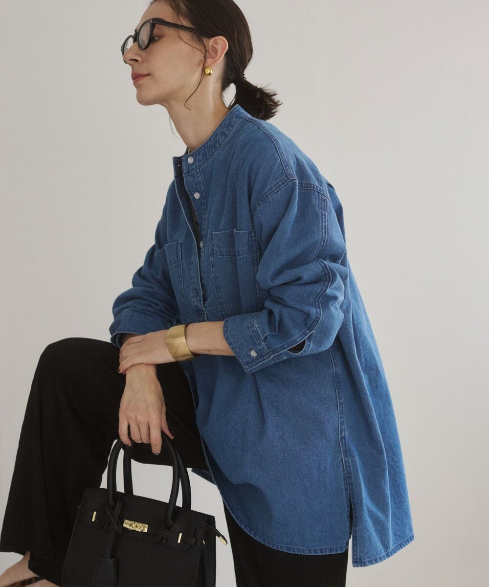 WEGO 【ANGIE VINTAGE】襟が選べる デニム チュニック シャツ （バンドカラー/レギュラーカラー） 