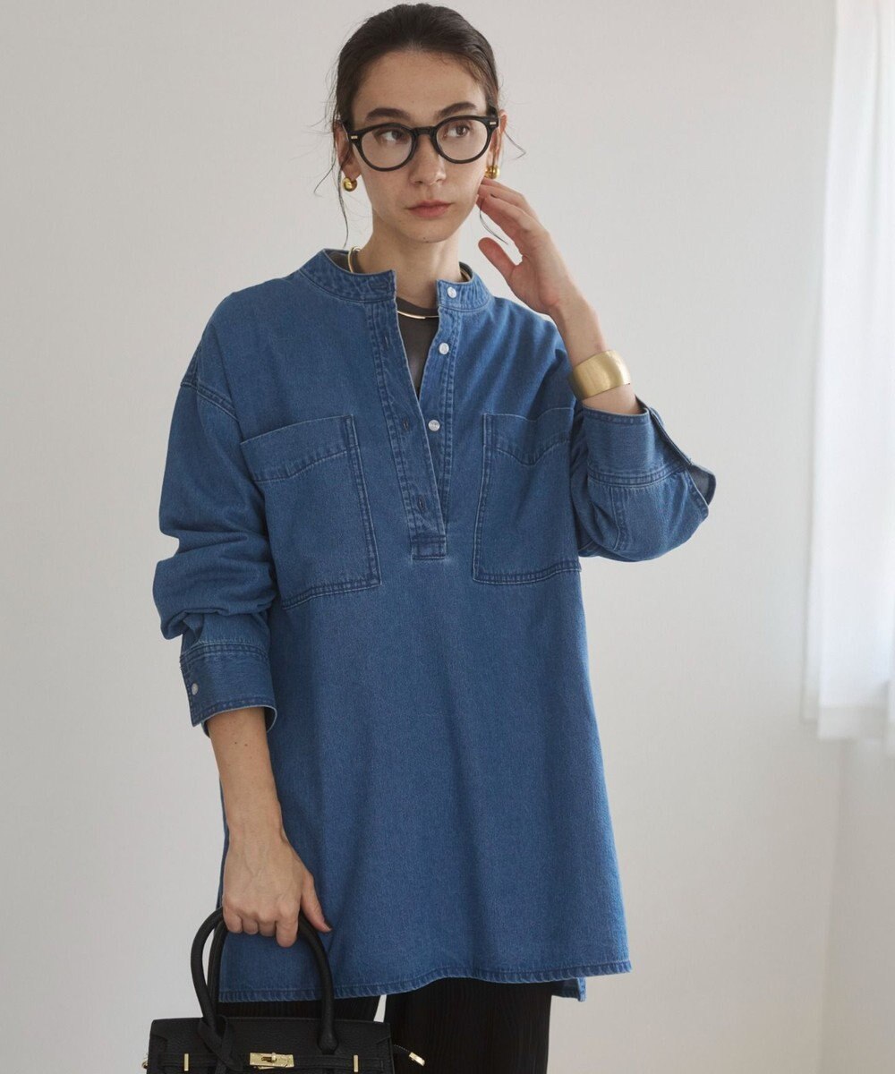 WEGO 【ANGIE VINTAGE】襟が選べる デニム チュニック シャツ （バンドカラー/レギュラーカラー） 