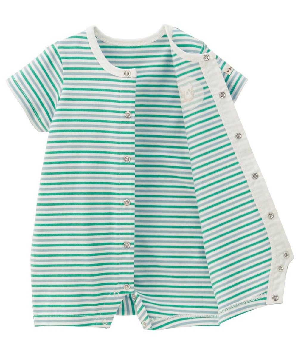 MIKI HOUSE HOT BISCUITS 【70-80cm】 みじんボーダー ワンポイント刺繍 ショートオール 