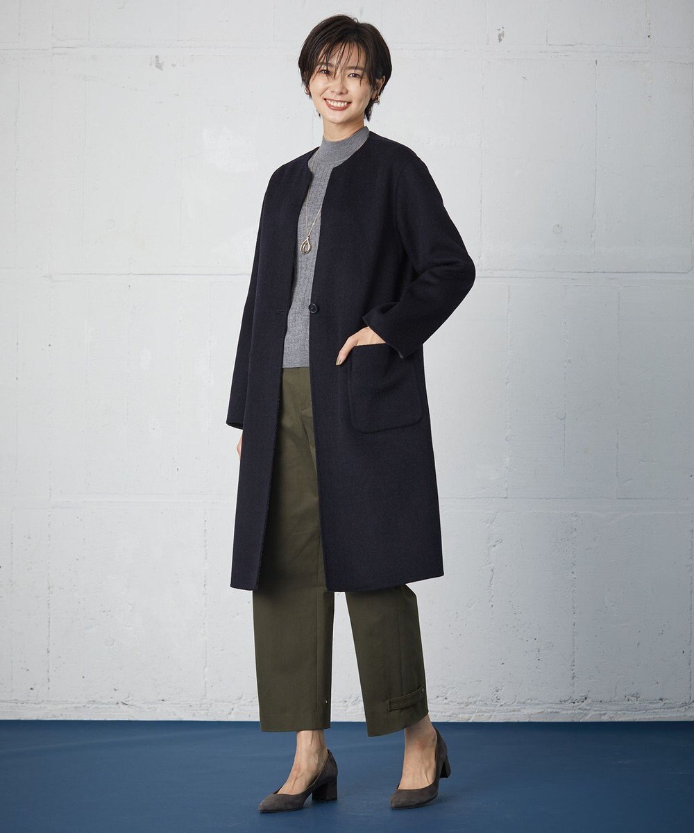 J.PRESS LADIES S 【リバーシブル】ウールナイロン リバーチェック ノーカラー ロングコート 