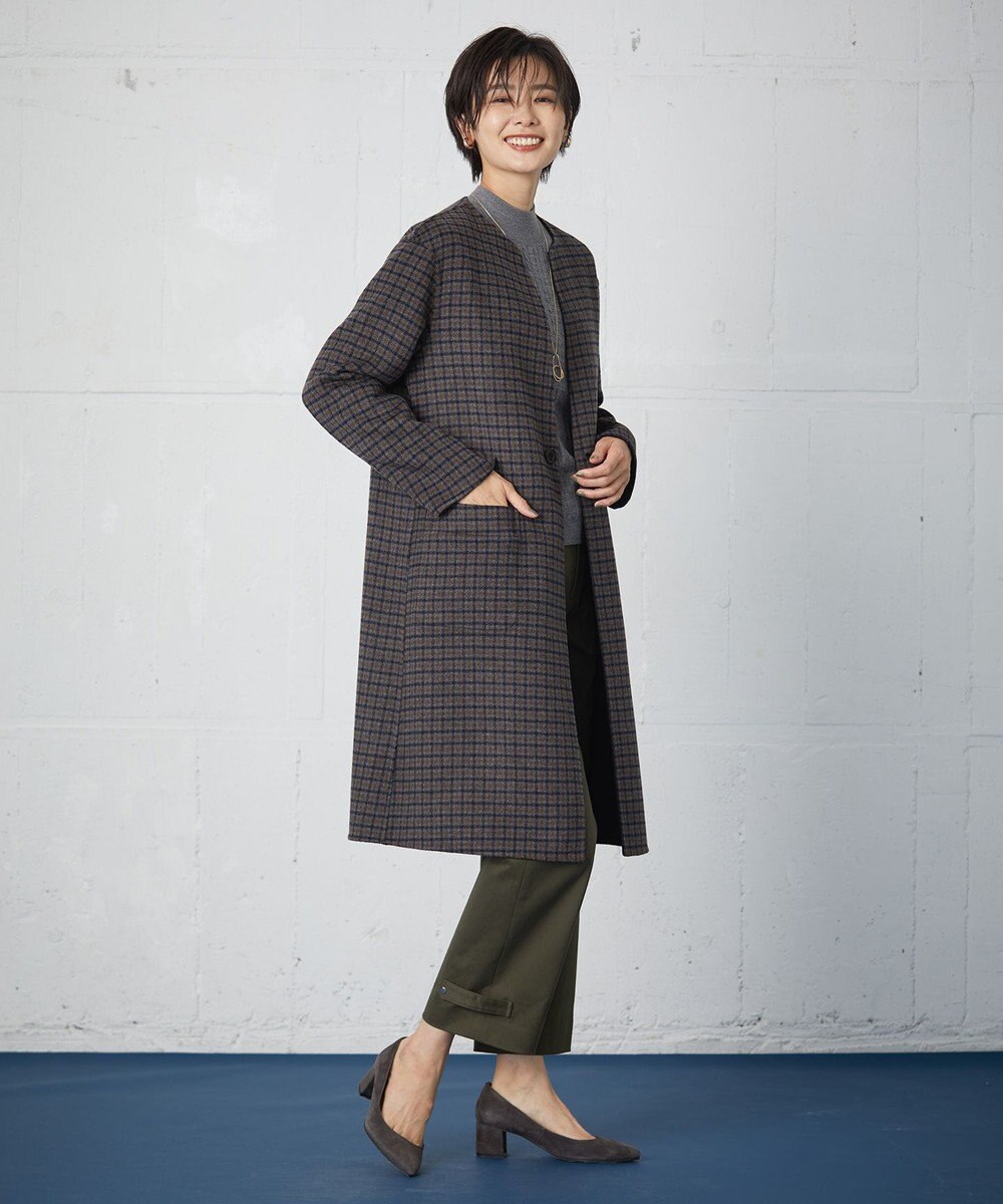 J.PRESS LADIES S 【リバーシブル】ウールナイロン リバーチェック ノーカラー ロングコート 