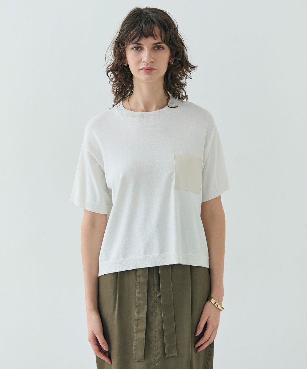 BEIGE， 【洗える】NADIA / レザーポケット付き半袖ニットTシャツ 