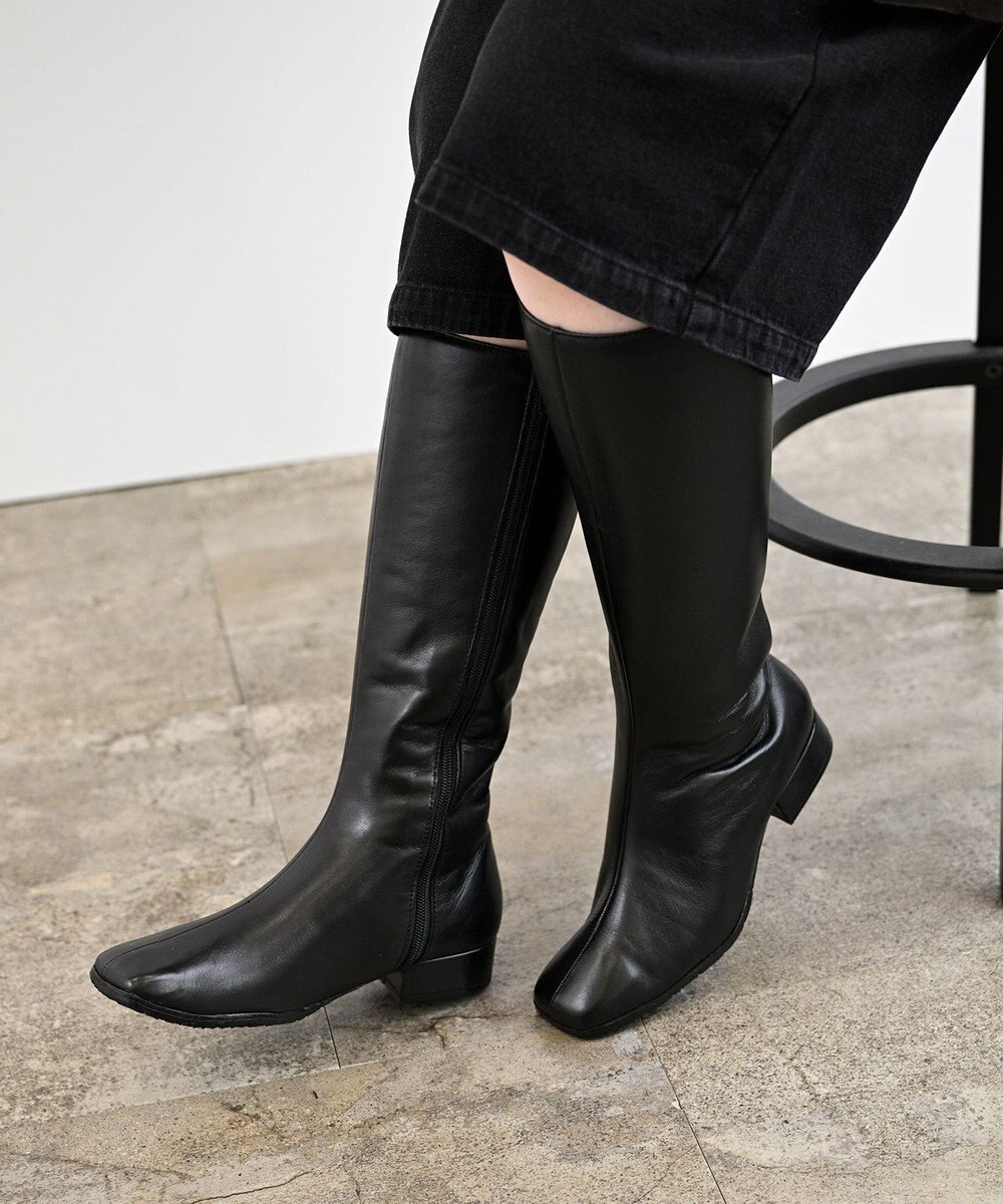 Pointer 本革ローヒール スクエアトゥロングブーツ 