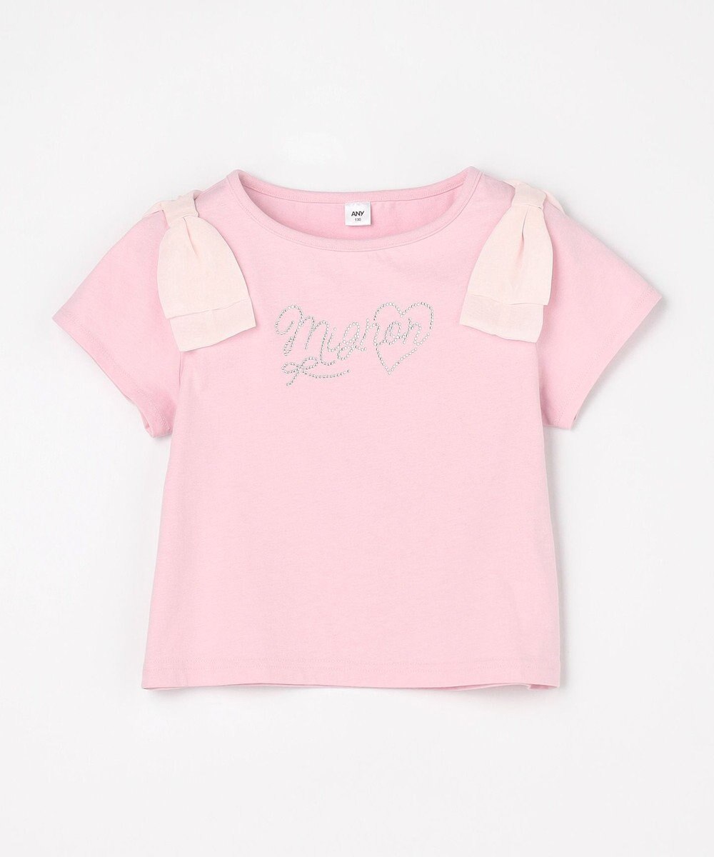 ANY KIDS 【綿100%】肩リボン×ラインストーンロゴ 半袖Tシャツ 