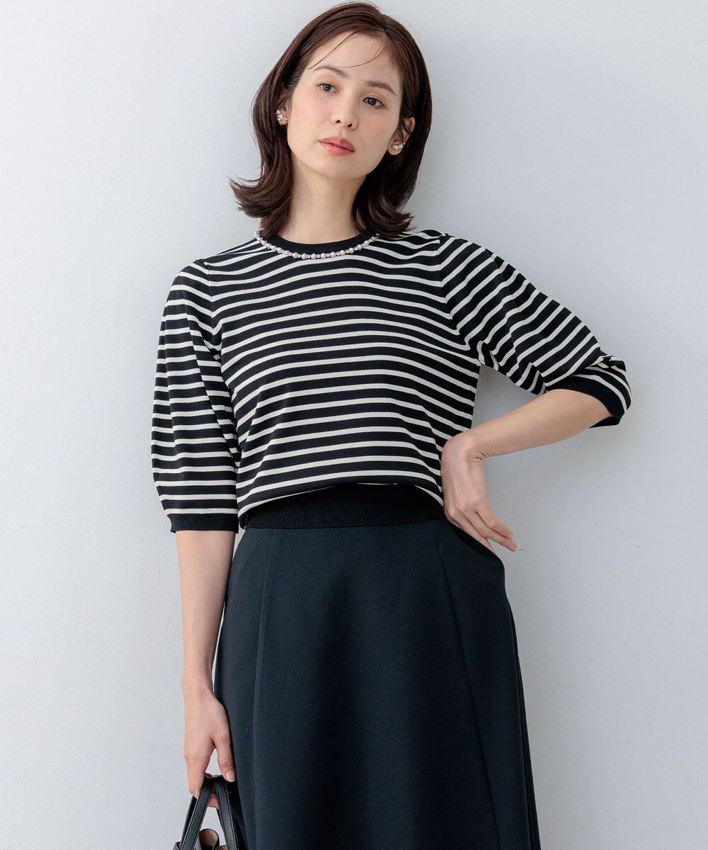 組曲 【WEB限定】クリアストレッチビジューレーン6分袖 ニット 