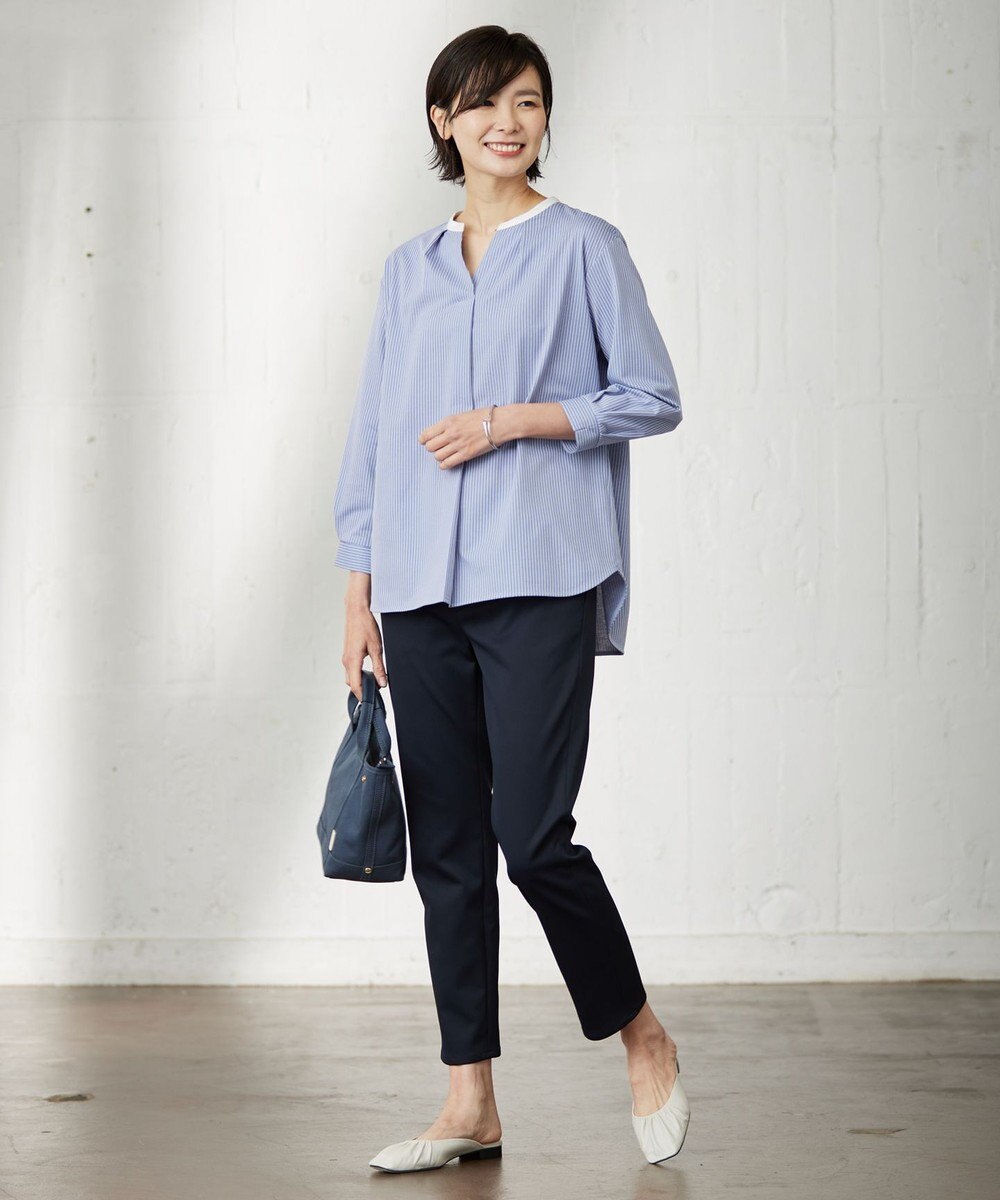 J.PRESS LADIES L ピンストライプジャージー バンドカラー スキッパー カットソー 