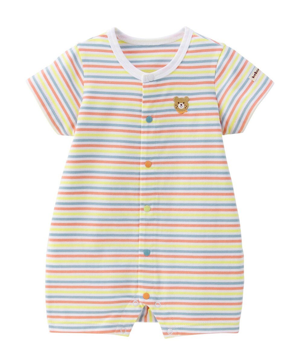 MIKI HOUSE HOT BISCUITS 【70-80cm】 みじんボーダー ワンポイント刺繍 ショートオール 