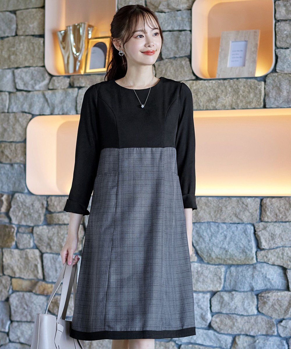 Tiaclasse 【洗える】チェックコンビエンパイアワンピース 