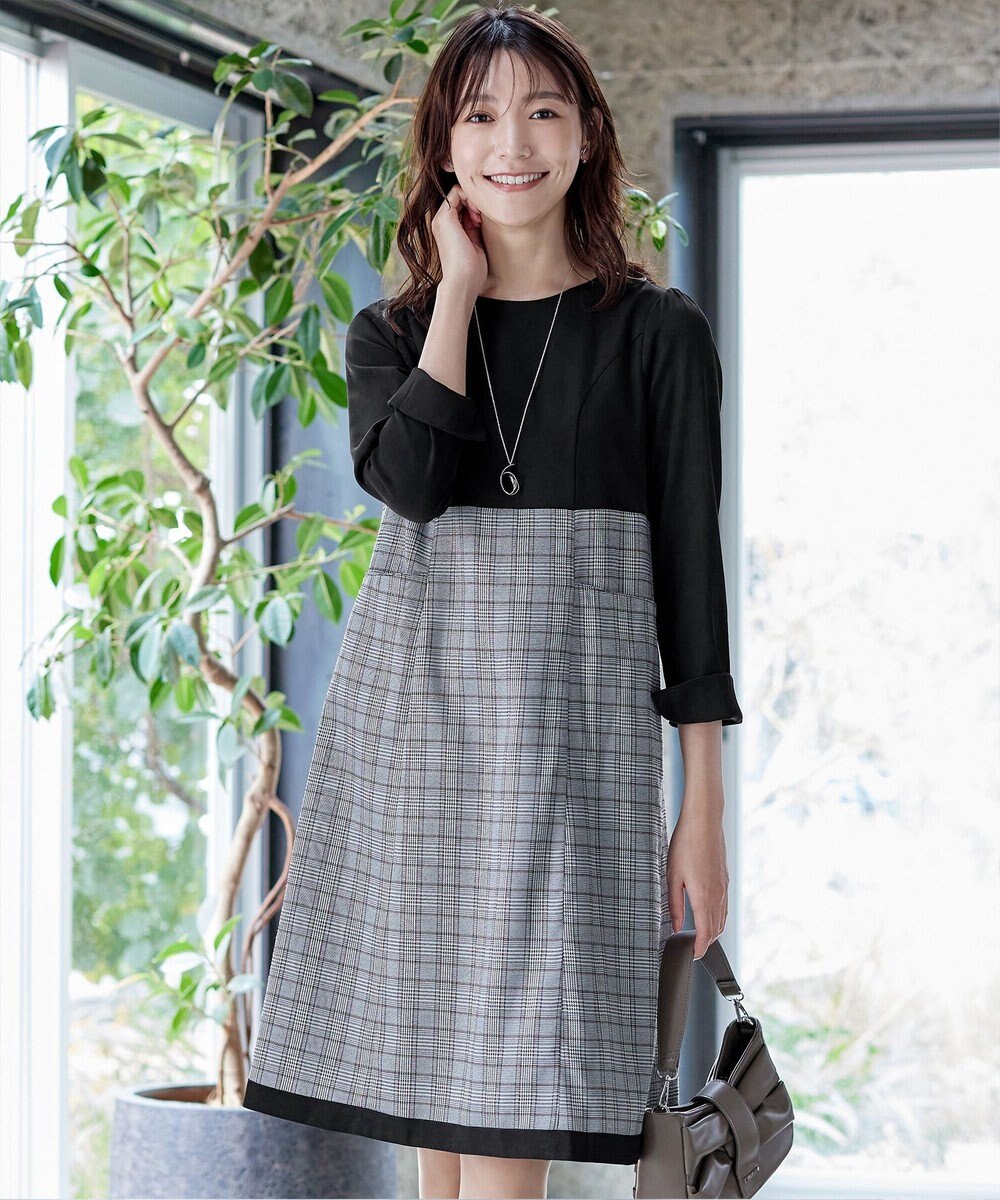 Tiaclasse 【洗える】チェックコンビエンパイアワンピース 