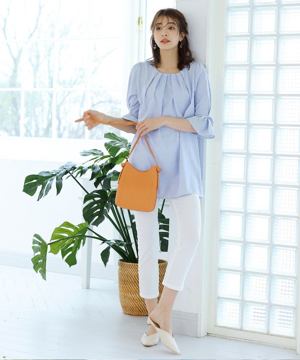 Tiaclasse L 【洗える】リボン付きタックスリーブチュニックブラウス 