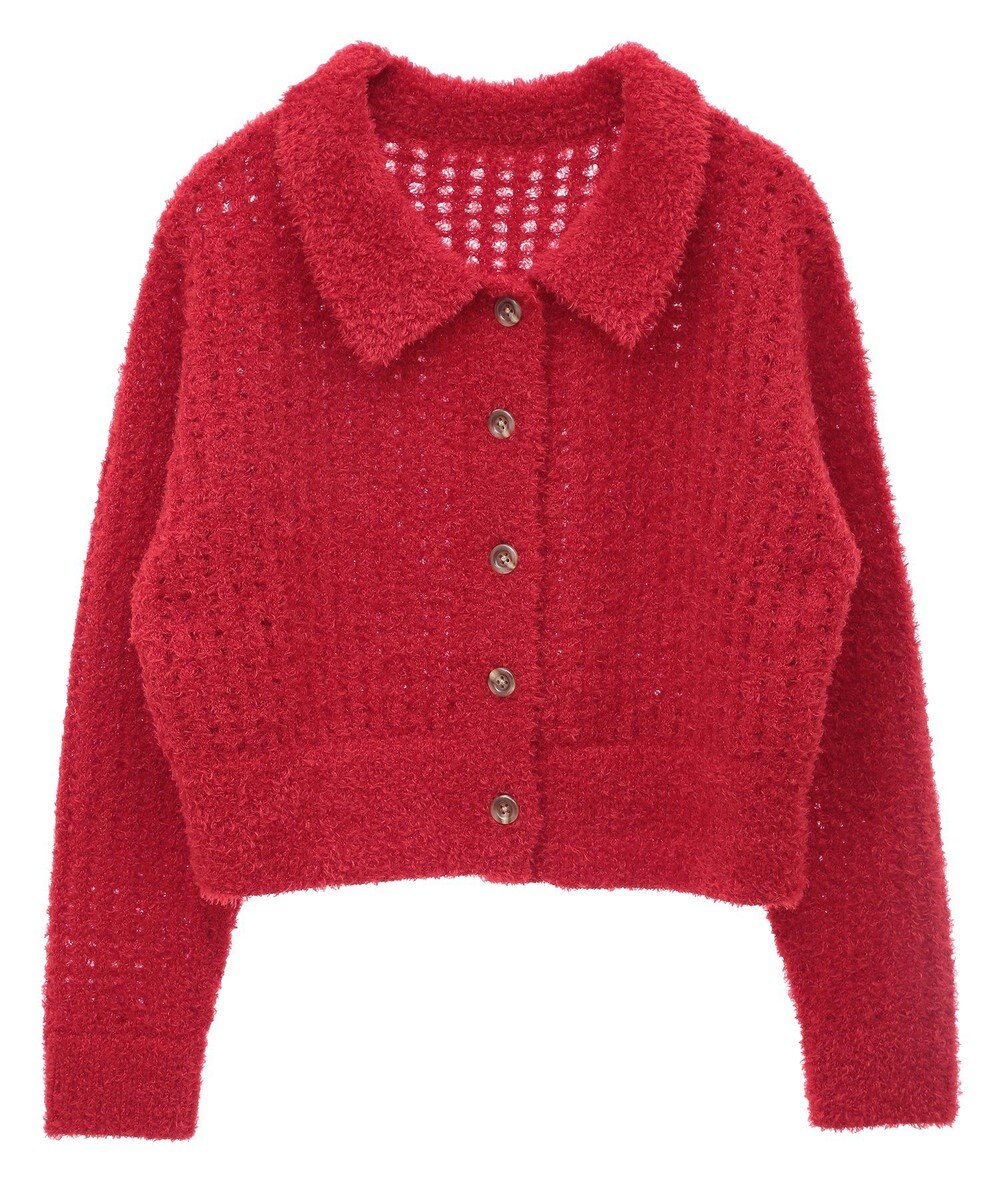 earth music&ecology 格子編み襟付きニットカーディガン 