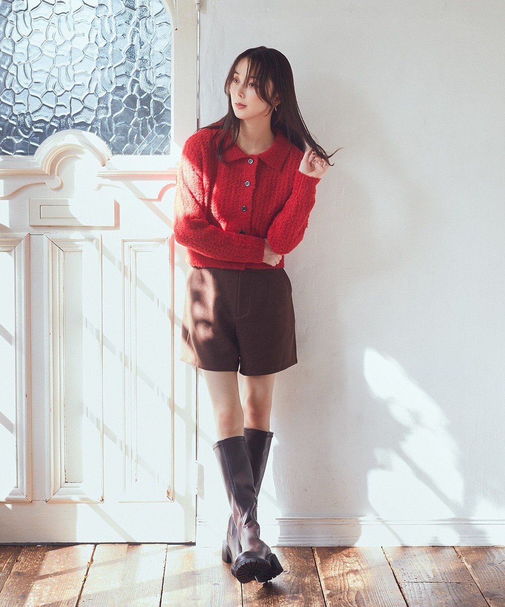 earth music&ecology 格子編み襟付きニットカーディガン 