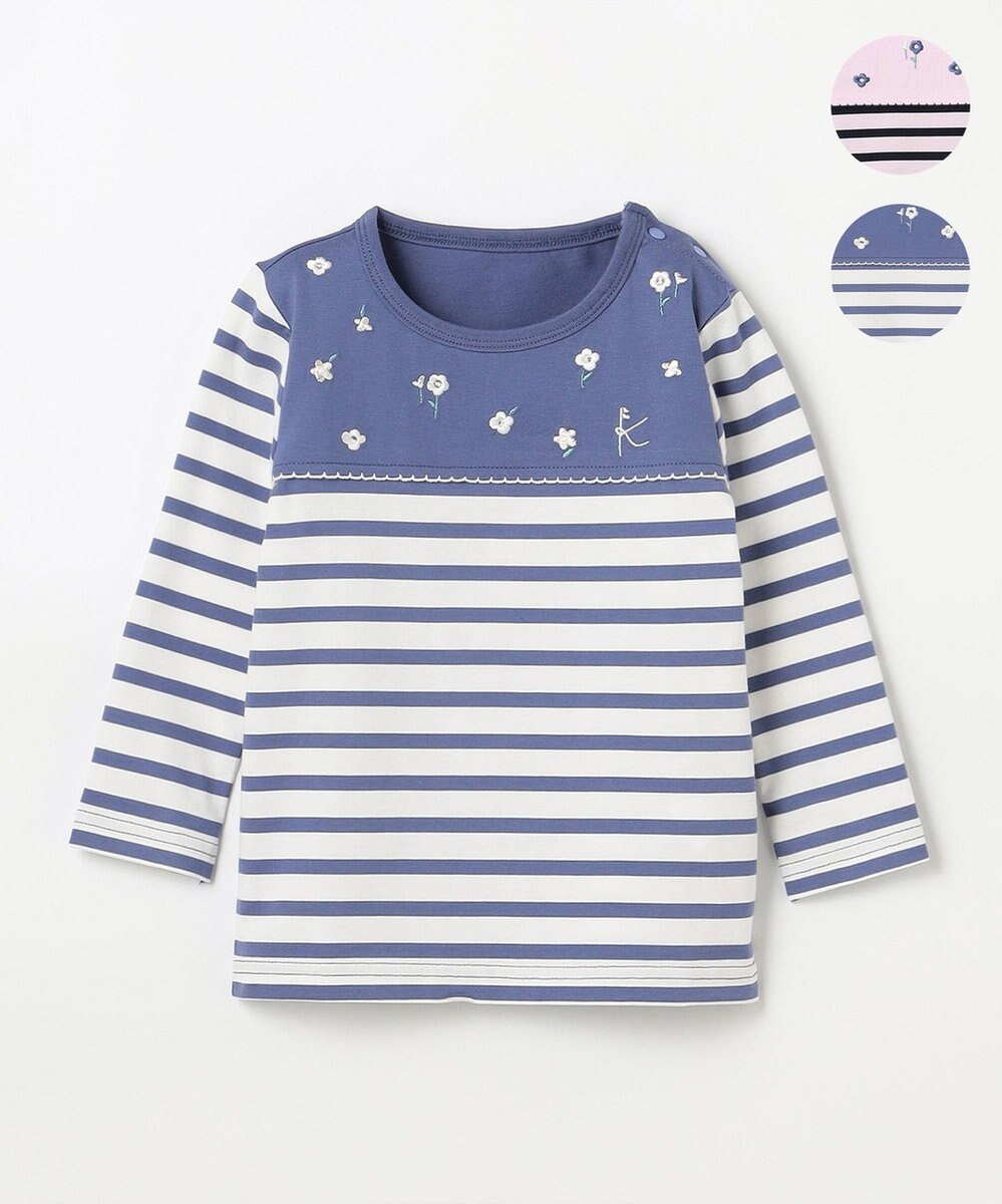 組曲 KIDS 【90-100㎝】フラワー刺繍ボーダー Tシャツ 