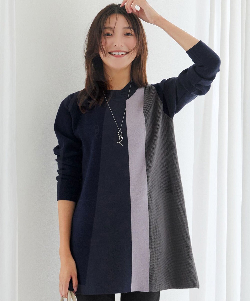 Tiaclasse 配色ワッフル切替ニットチュニック 