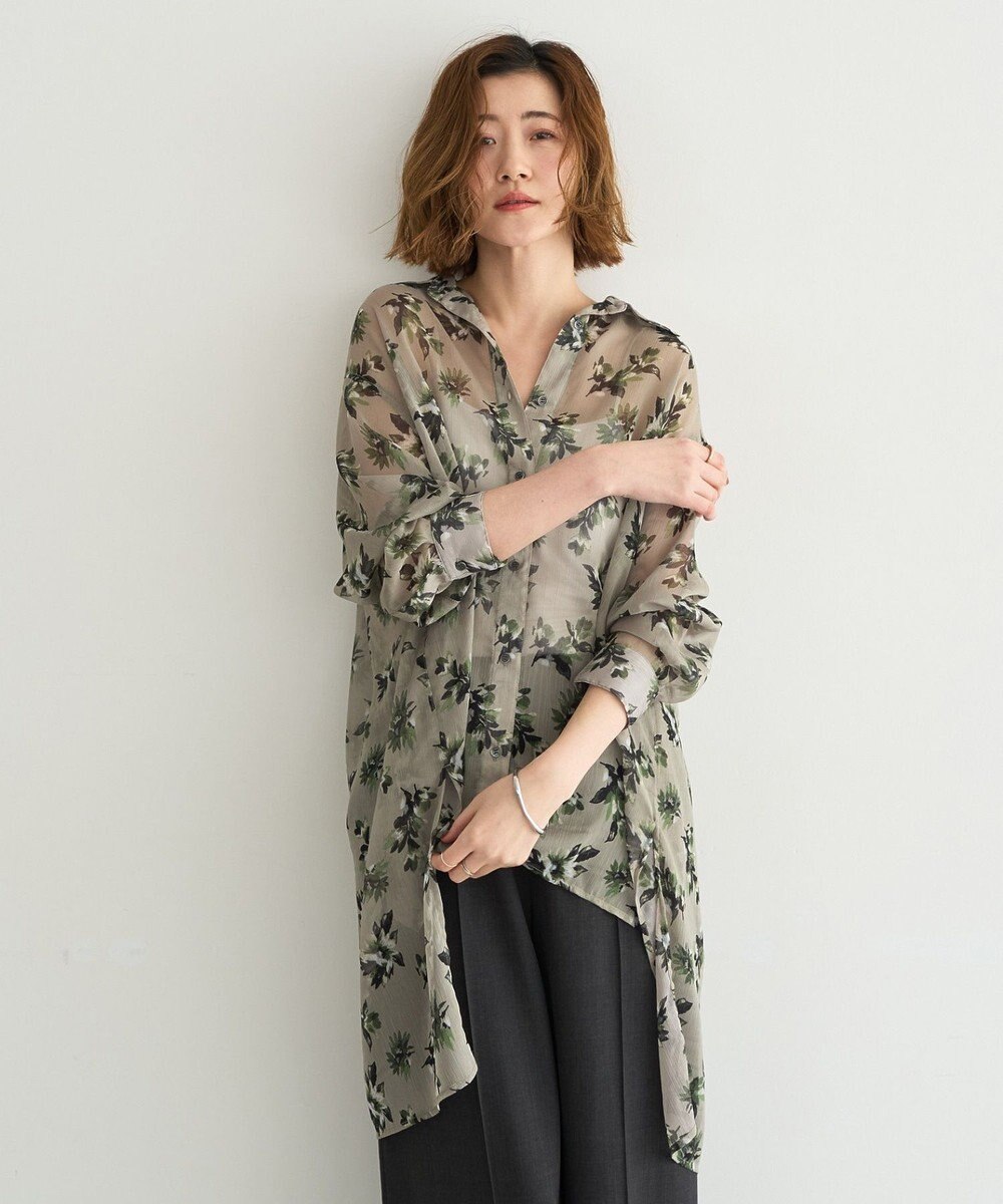 YECCA VECCA フラワー柄シアーロングシャツ 
