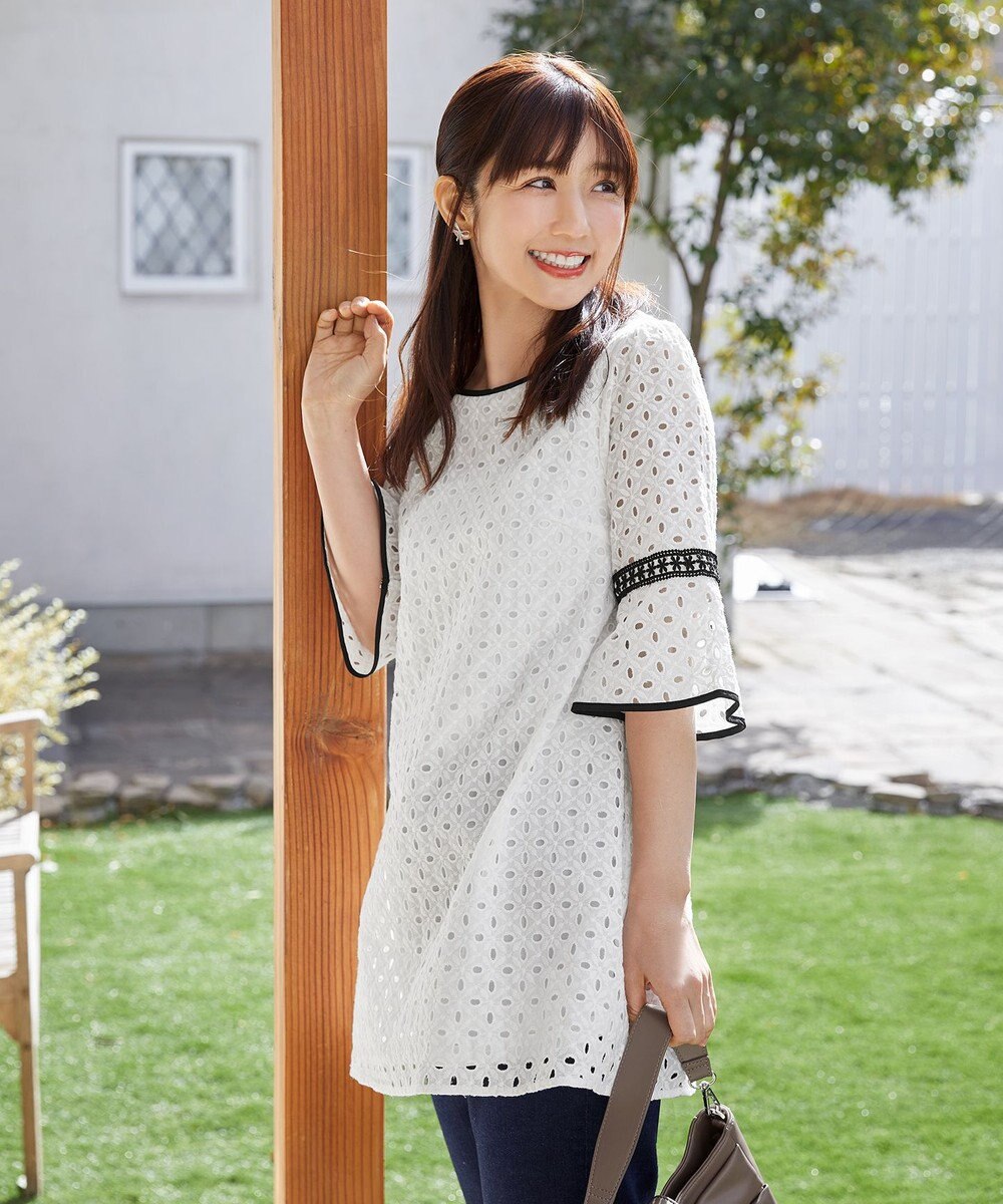 Tiaclasse 【小倉優子さん着用・洗える】パンチングレース配色チュニック 