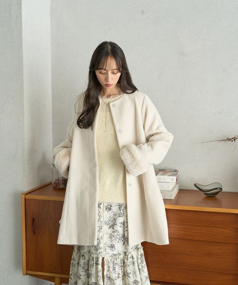 earth music&ecology ファーカフスノーカラーコート 