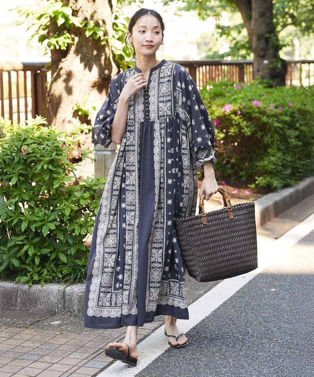 CRAFT STANDARD BOUTIQUE インド綿パネル柄ウエスト切り替えボリュームワンピース 