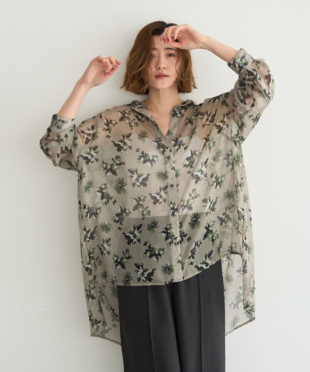 YECCA VECCA フラワー柄シアーロングシャツ 