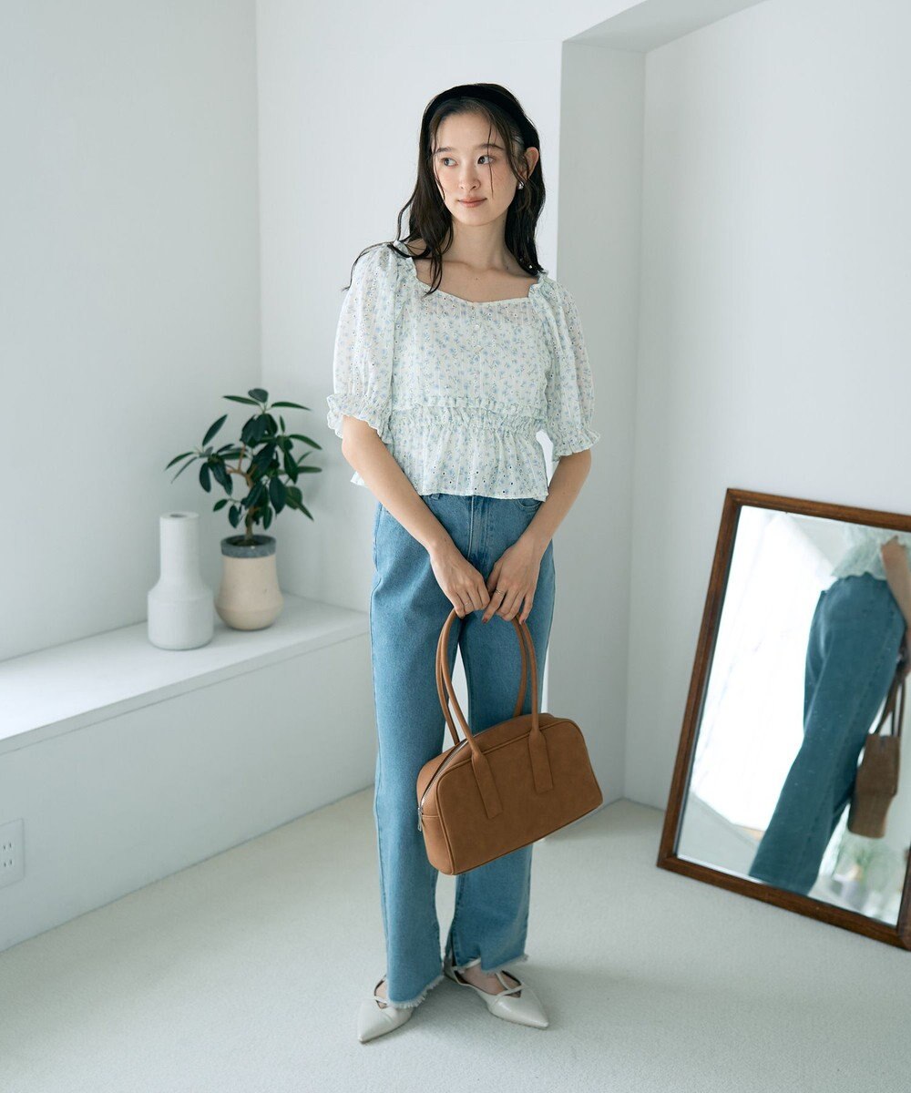 earth music&ecology フラワー刺繍フリルヘムブラウス 