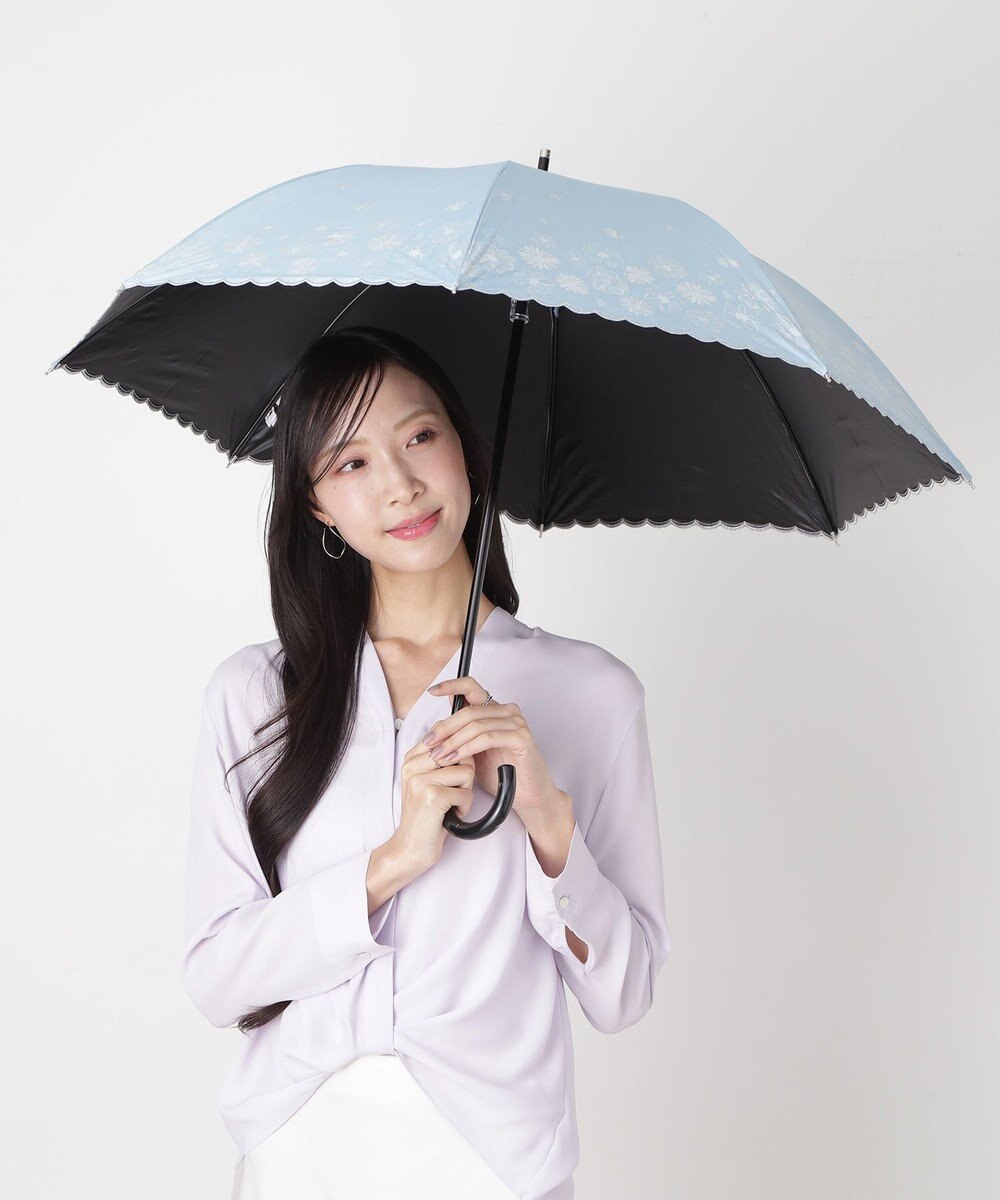 MOONBAT 【遮光率100％/遮熱/UV】LANVIN en Bleu (ランバン オン ブルー)晴雨兼用日傘 フラワーグリッター シルバースカラ刺繍 花柄 長傘 