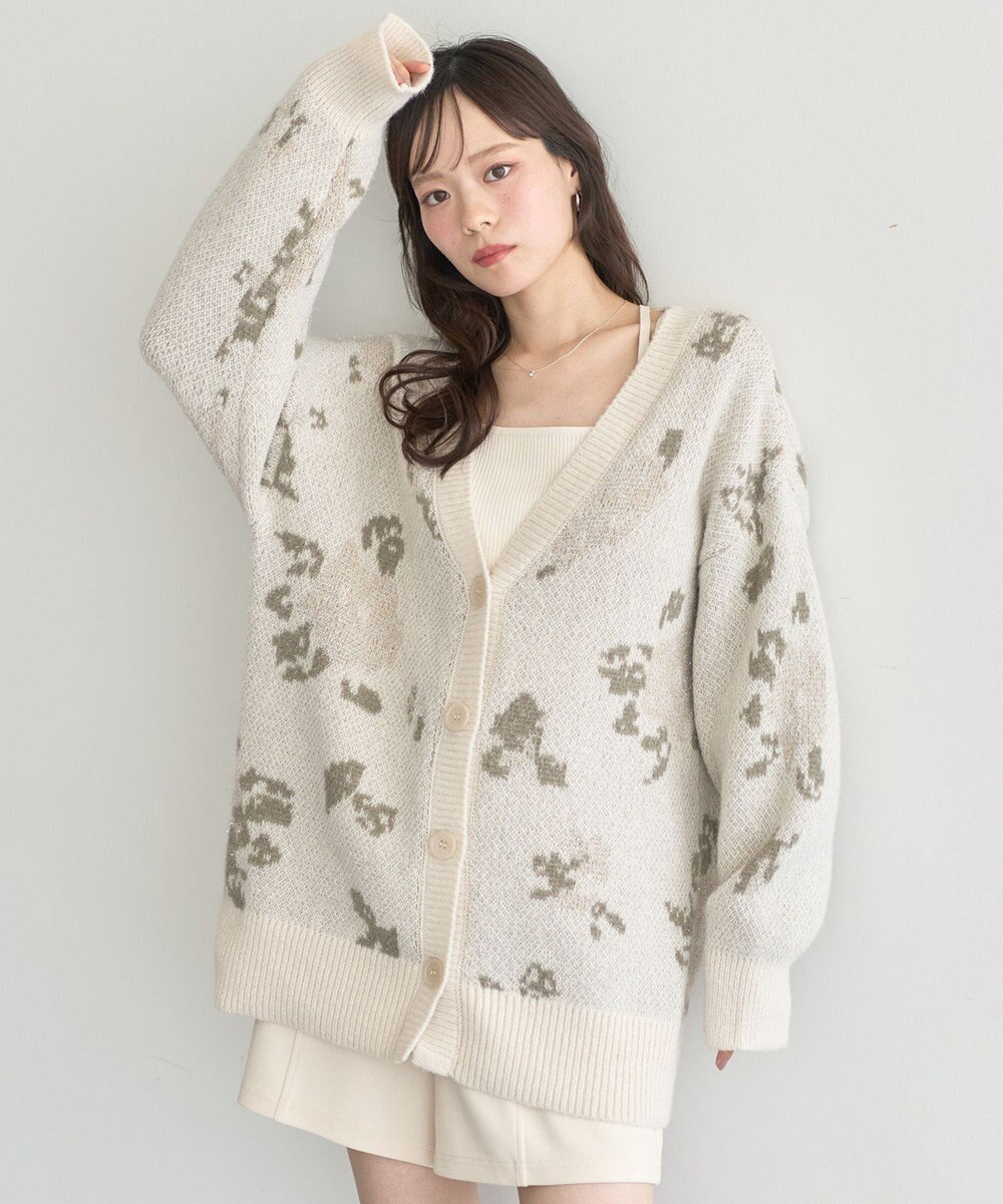 earth music&ecology フラワージャガードラメシャギーカーディガン 