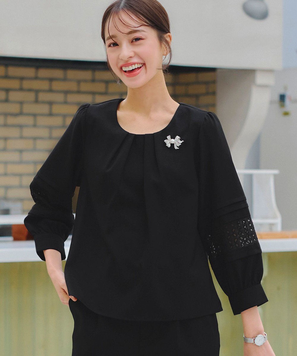 Tiaclasse L 【洗える】袖レースはさみこみシャツ 