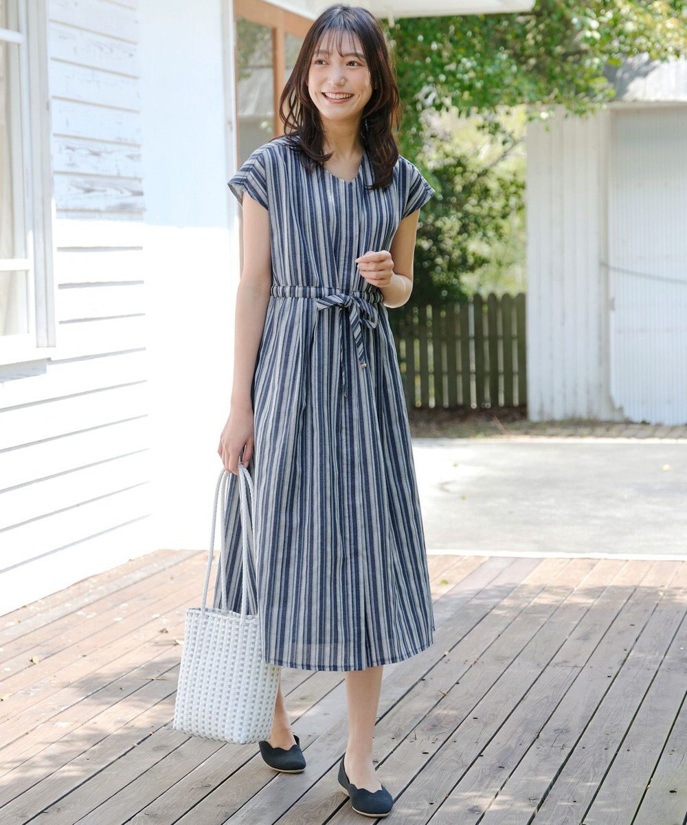 Tiaclasse 【洗える】麻調前開きフレンチワンピース 