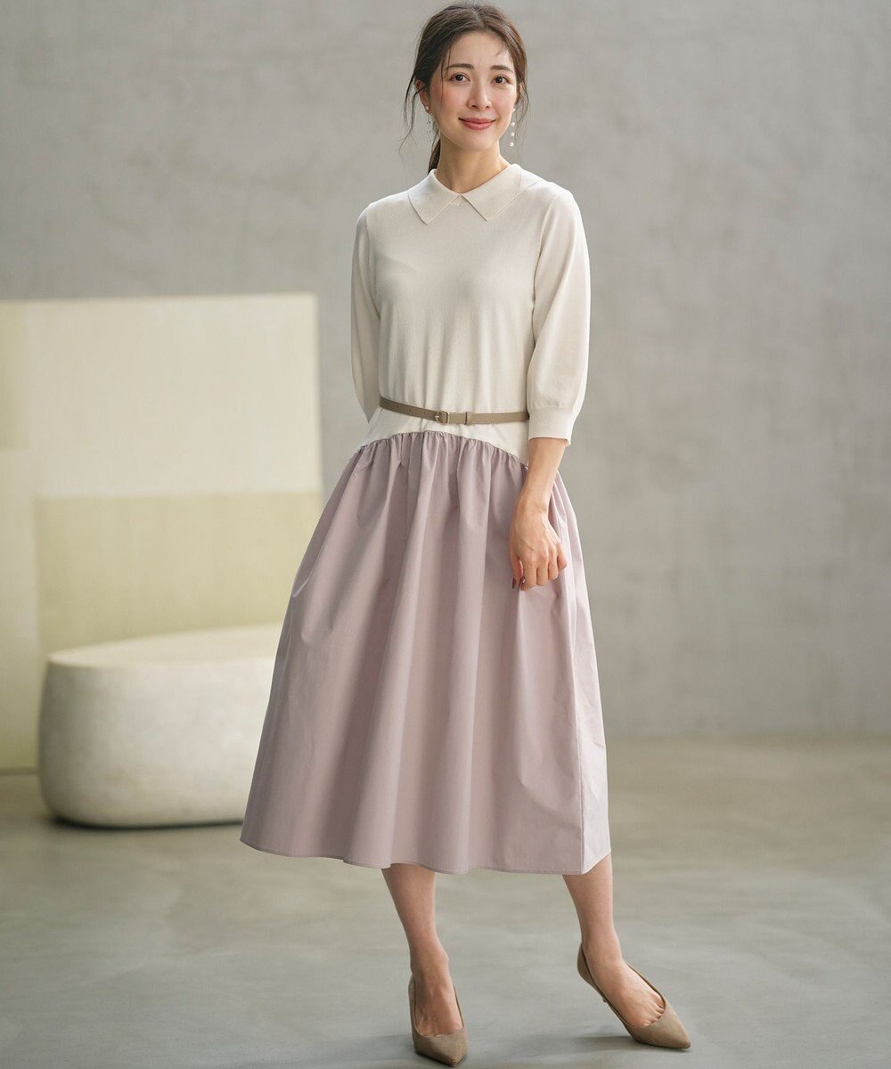 組曲 襟付きドッキング ニットワンピース 