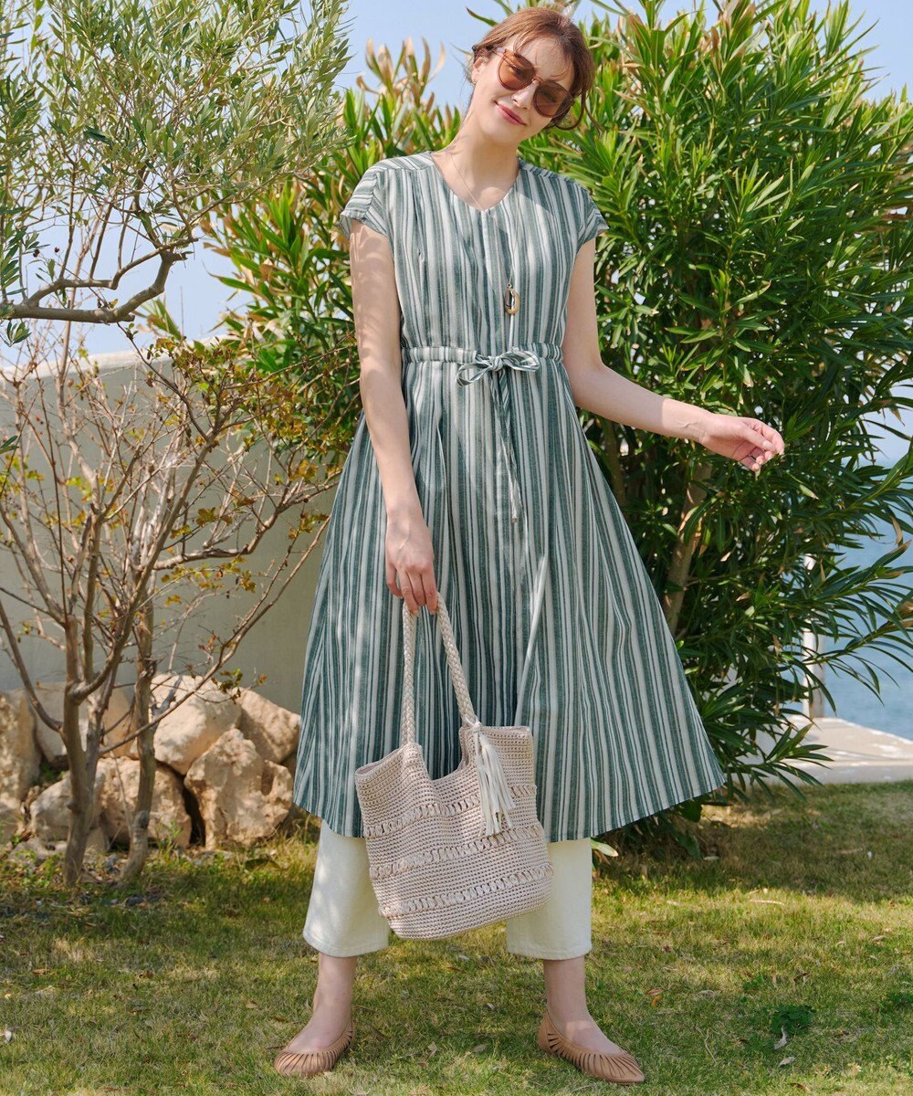 Tiaclasse 【洗える】麻調前開きフレンチワンピース 