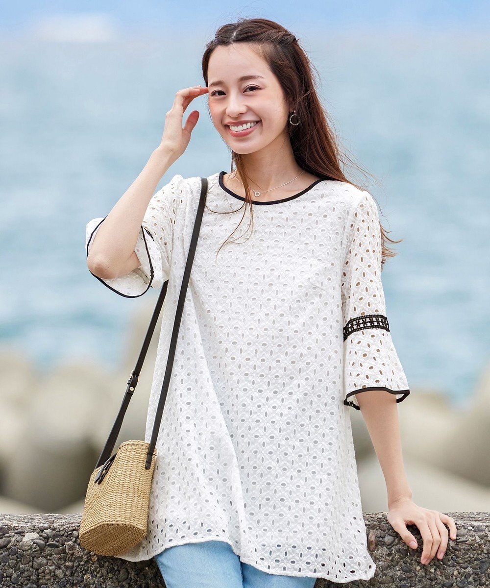 Tiaclasse 【小倉優子さん着用・洗える】パンチングレース配色チュニック 