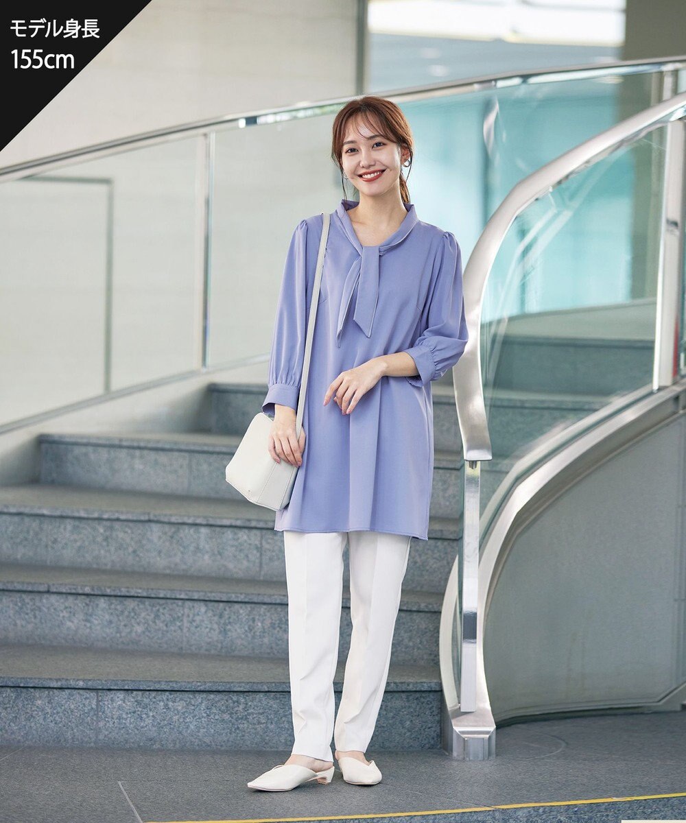 Tiaclasse L 【洗える】配色ボウタイパフ袖チュニックブラウス 