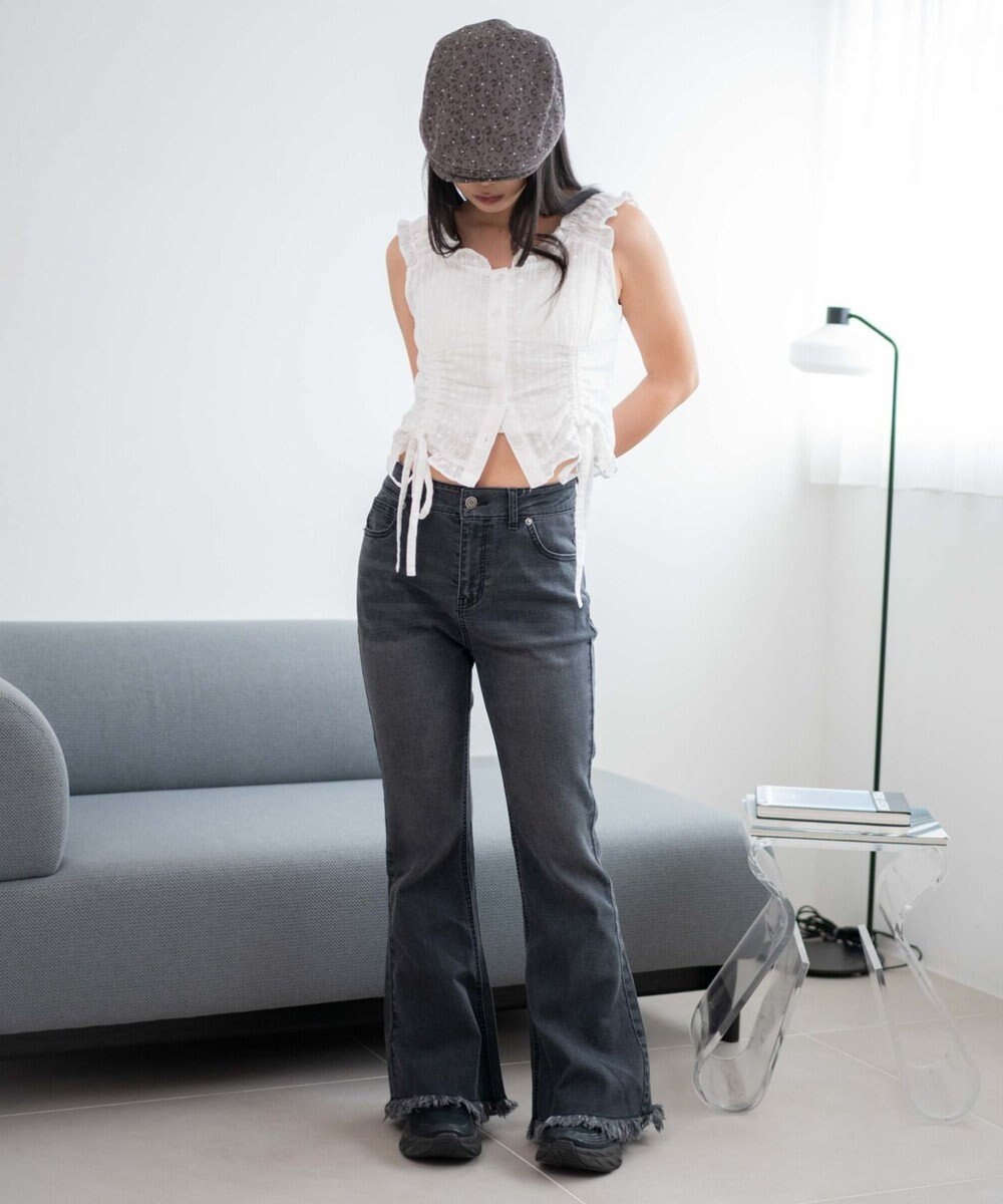 WEGO レースアップフリンジストレッチフレアデニムパンツ 