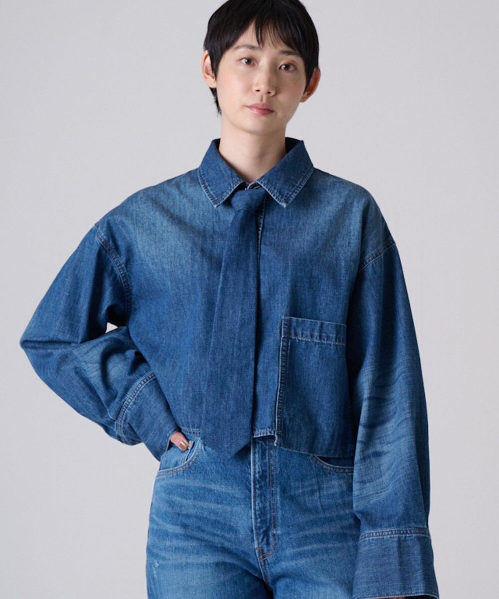 Ripo trenta anni 【洗える/ネクタイ取り外し可能】DENIM NECK-TI SH ショートデニムシャツ BLUE