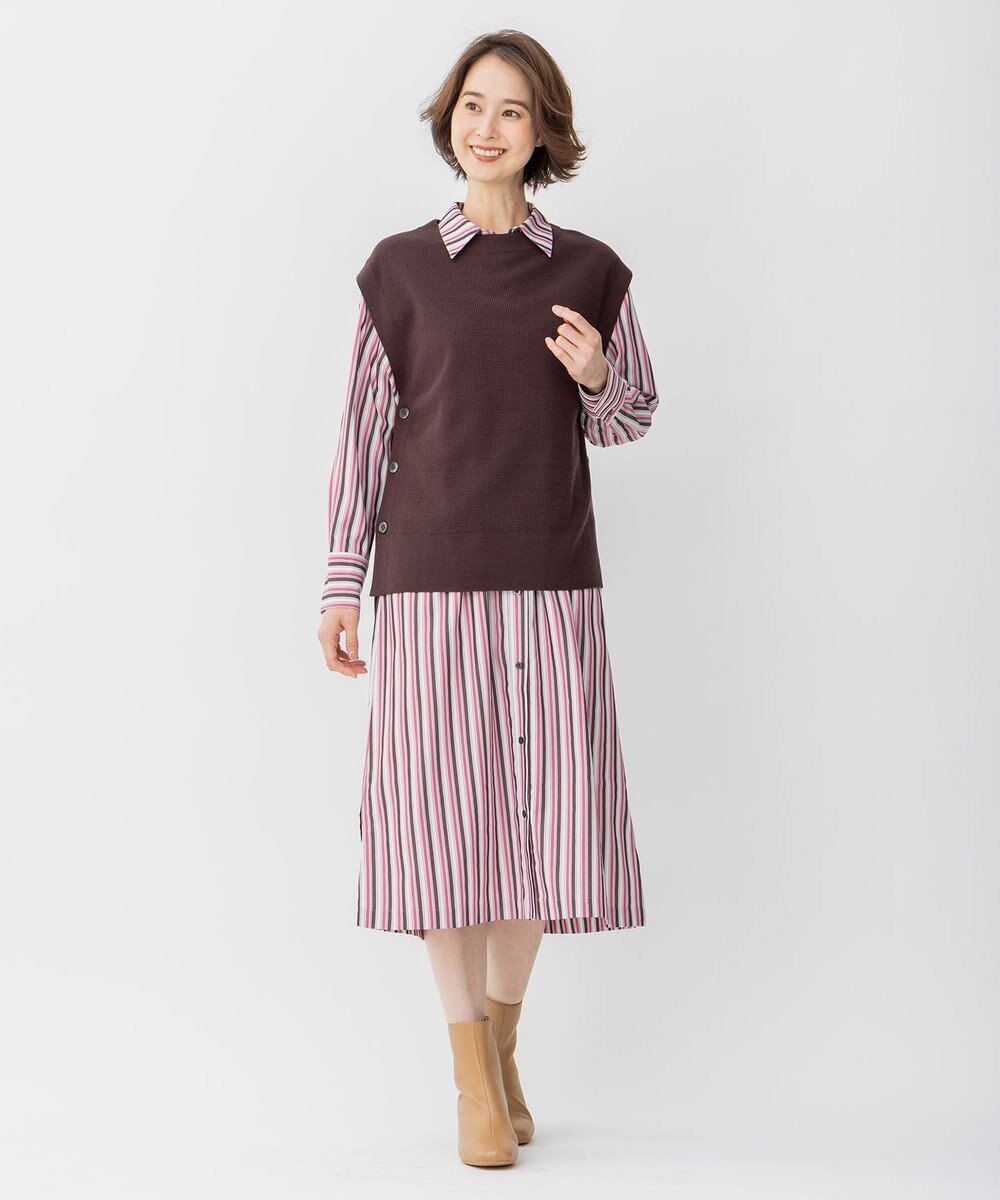 自由区 L 【洗える/セットアイテム】ウールブレンドベスト×ストライプワンピ 