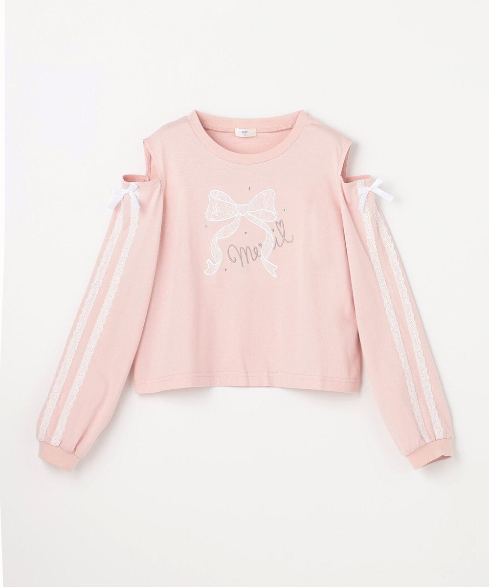 ANY KIDS 肩開きライン入り リボン長袖Tシャツ 