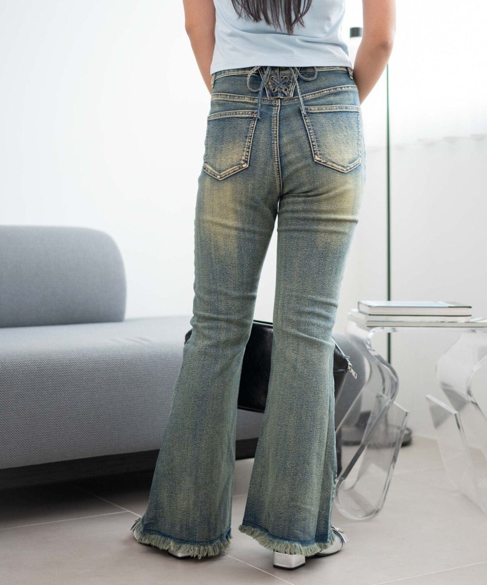 WEGO レースアップフリンジストレッチフレアデニムパンツ 