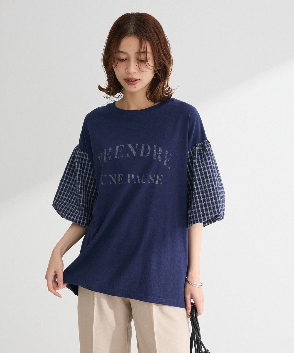 Green Parks チェックバルーンスリーブロゴチュニック 