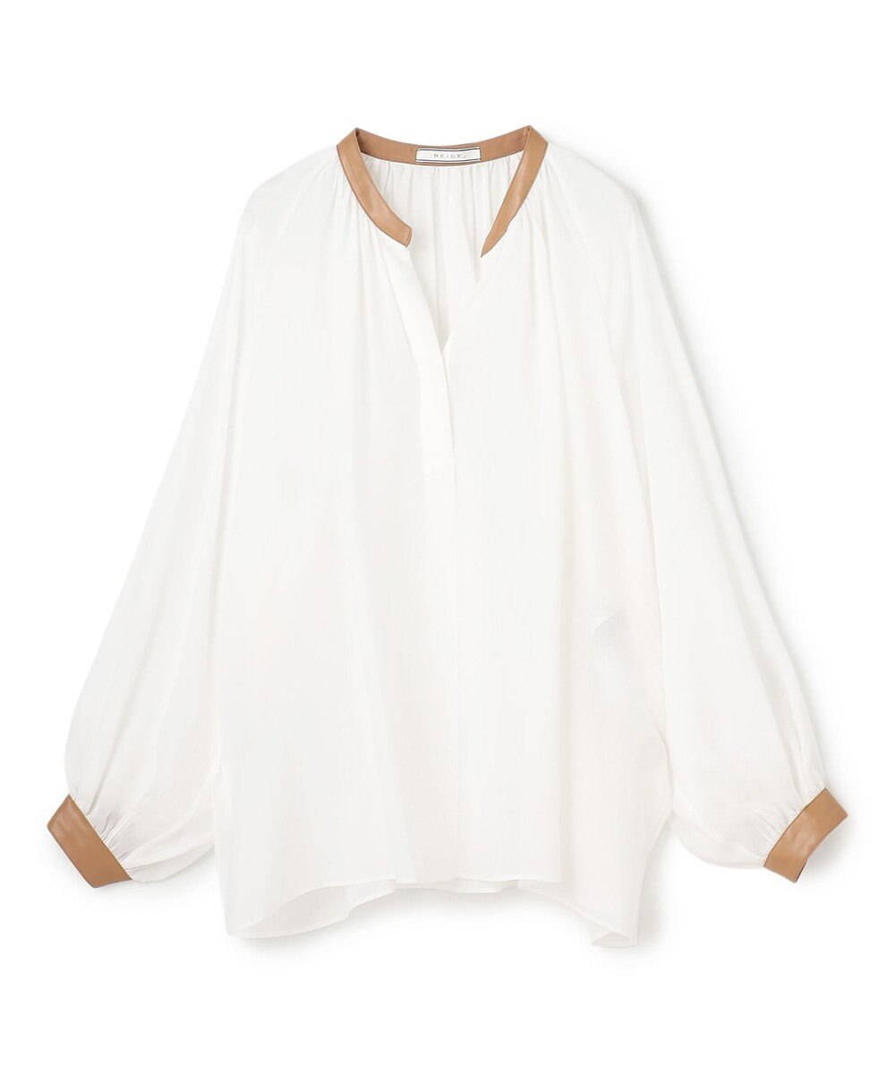 BEIGE， PAULINE / リネンヴィスコースフェイクレザー配色ブラウス 