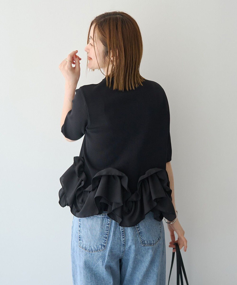 YECCA VECCA パール釦ラッフル5分袖カーディガン 