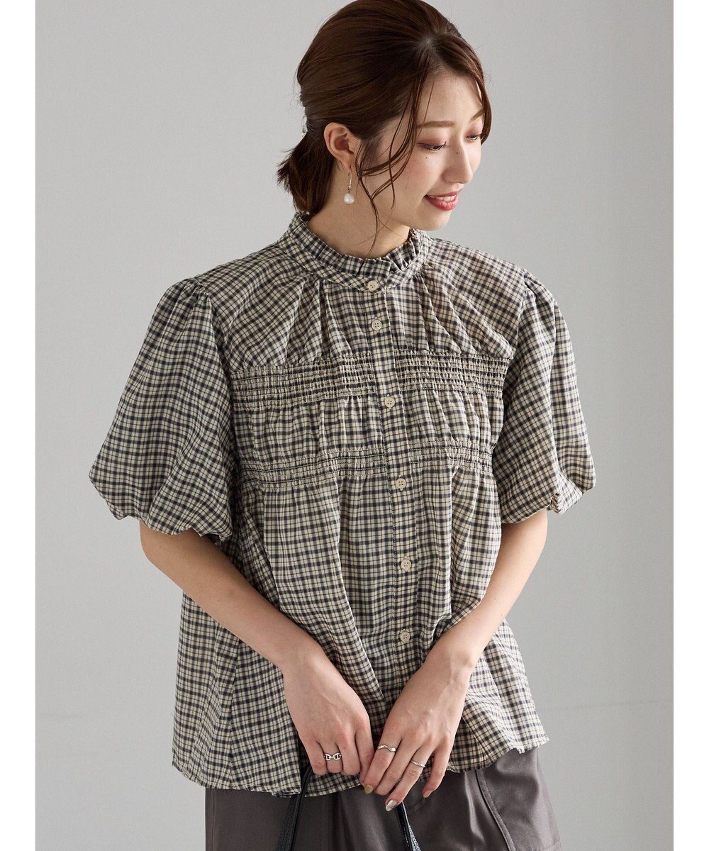 Te chichi スタンドフリル5分袖シャーリングブラウス 