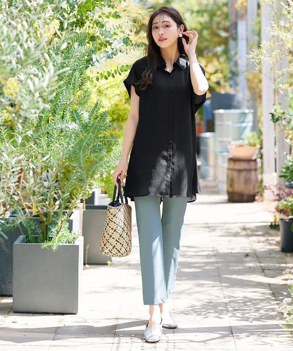 Tiaclasse L 【洗える】フレンチスリーブシャツチュニックブラウス 