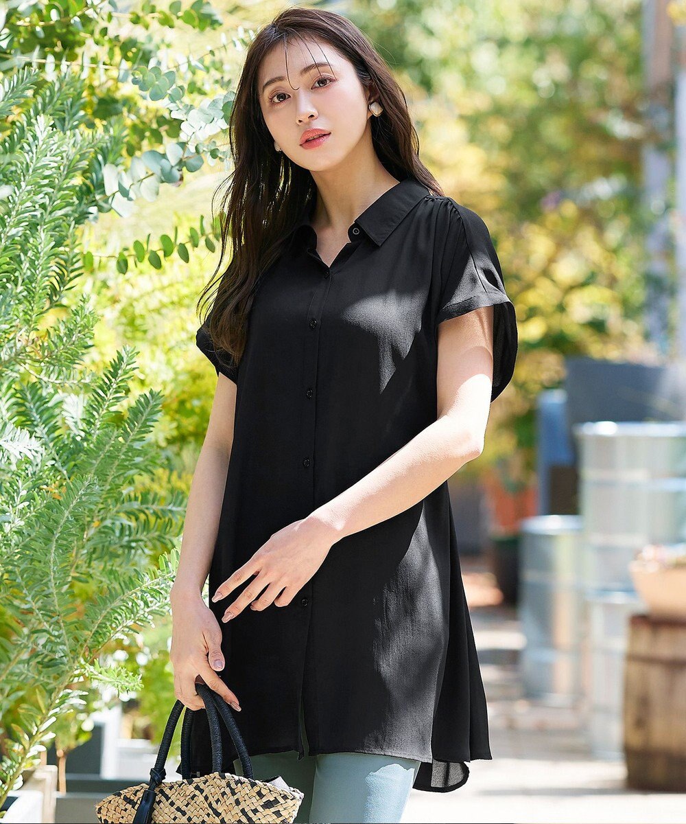 Tiaclasse L 【洗える】フレンチスリーブシャツチュニックブラウス 