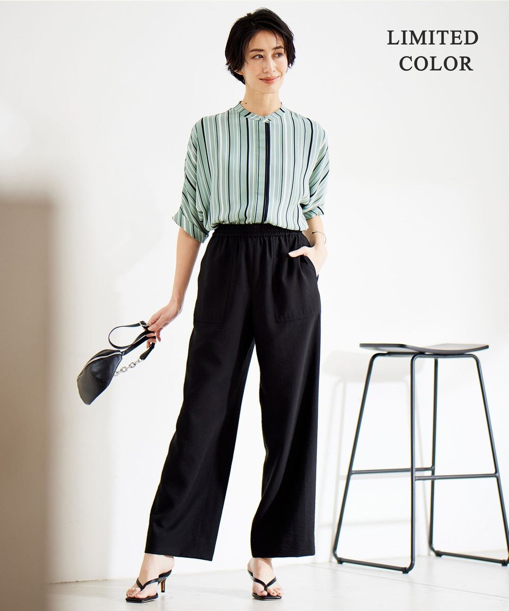 ICB 【新色追加・接触冷感・UVケア・速乾・洗える】BackSatinAmunzen 5分袖バンドカラーブラウス 