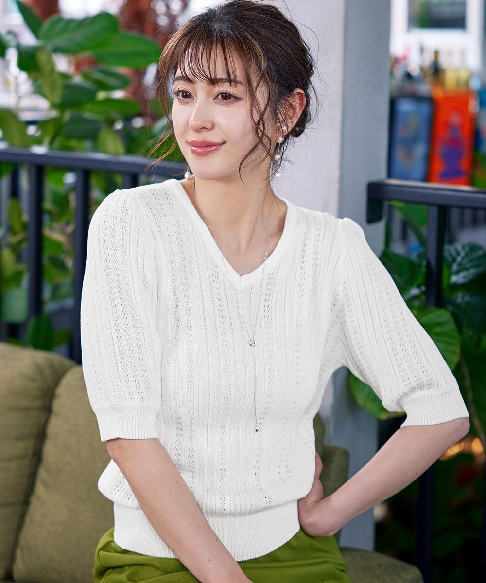 Tiaclasse L 【洗える】パフスリーブ透かし編みニットトップス 