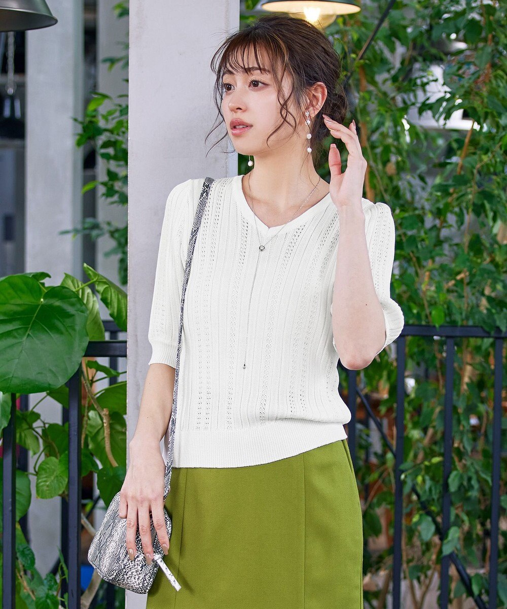 Tiaclasse L 【洗える】パフスリーブ透かし編みニットトップス 