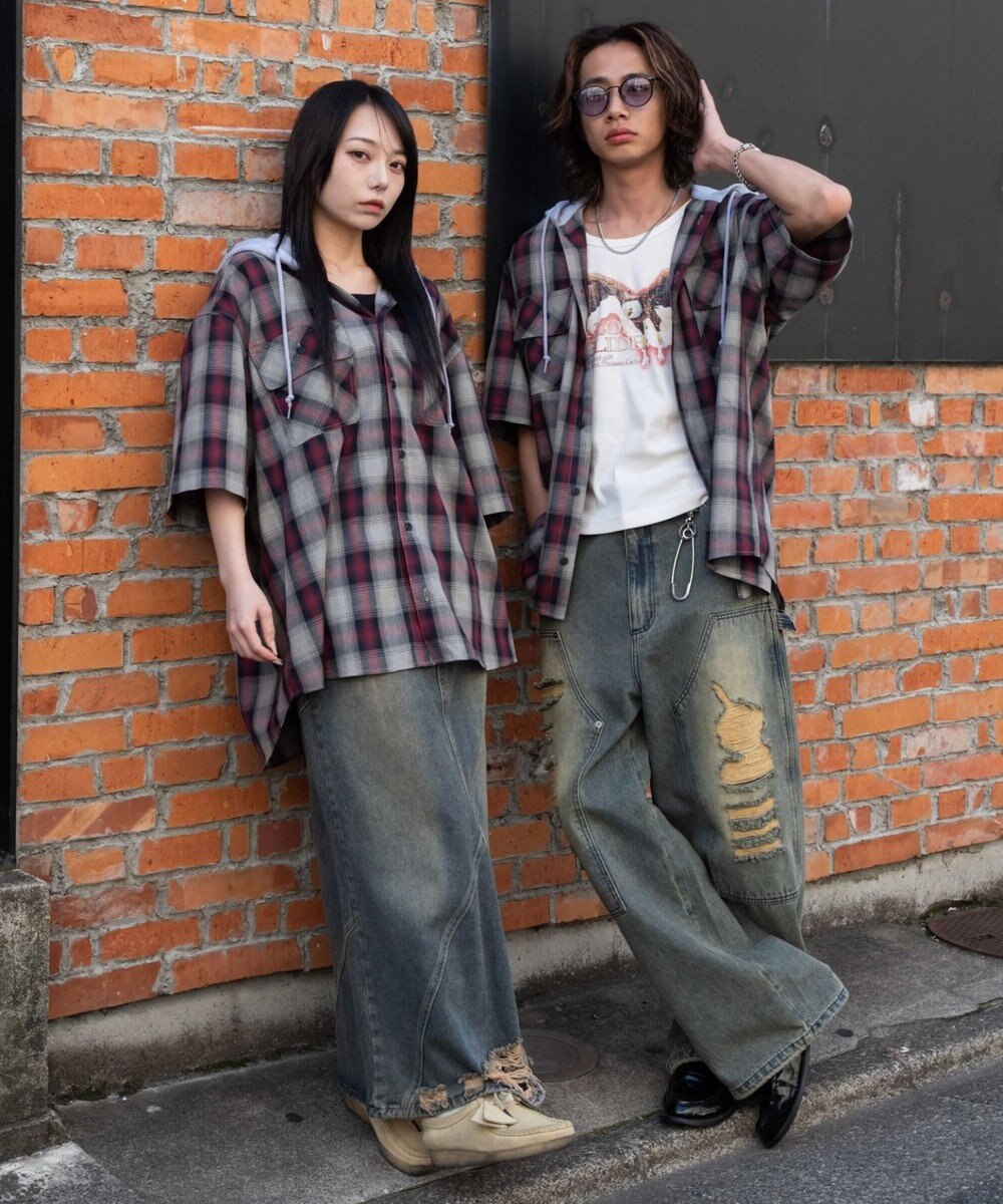 WEGO 【ユニセックス着用ITEM/MLサイズ展開】オンブレチェックフードシャツ（SS） 