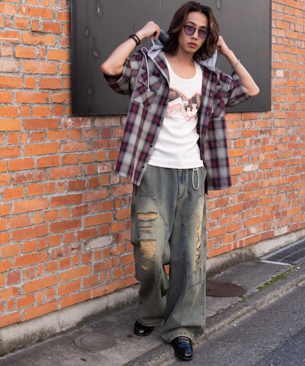 WEGO 【ユニセックス着用ITEM/MLサイズ展開】オンブレチェックフードシャツ（SS） 