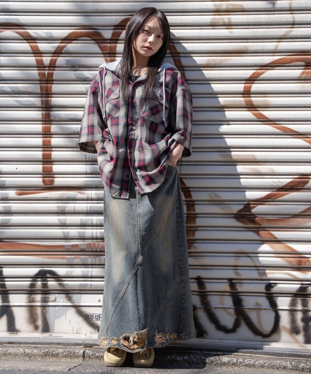 WEGO 【ユニセックス着用ITEM/MLサイズ展開】オンブレチェックフードシャツ（SS） 