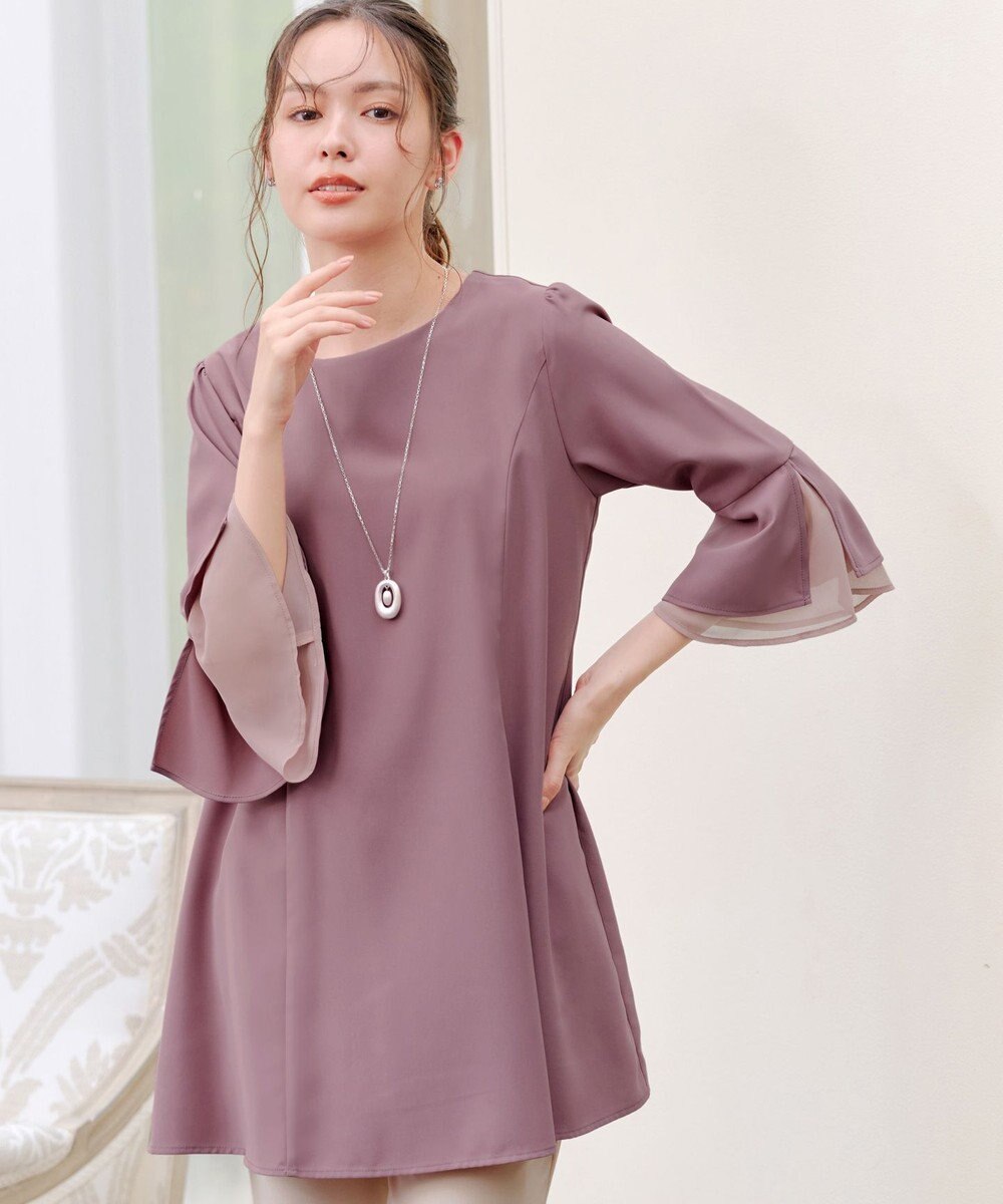 Tiaclasse 【新色追加・洗える】シフォンフレア袖チュニックブラウス 